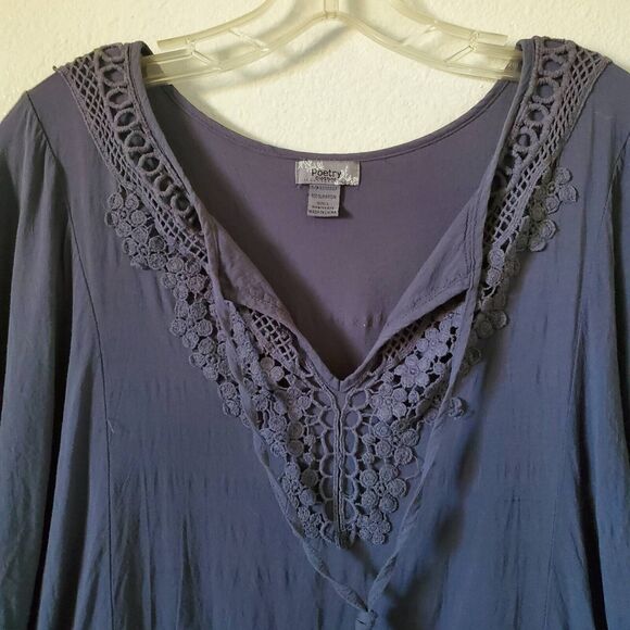 Poetry Peasant Blouse Women's L Gray Blue Short Sleeve Crochet Lace Rayon Boho - Picture 5 of 10